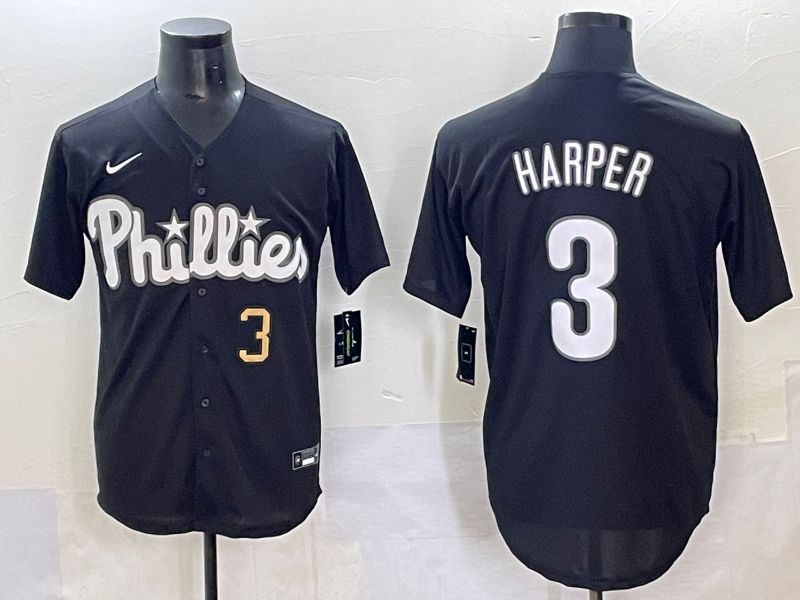 Men 2025 Philadelphia Phillies 3 Harper Black Fashion Nike MLB Jersey style 7042